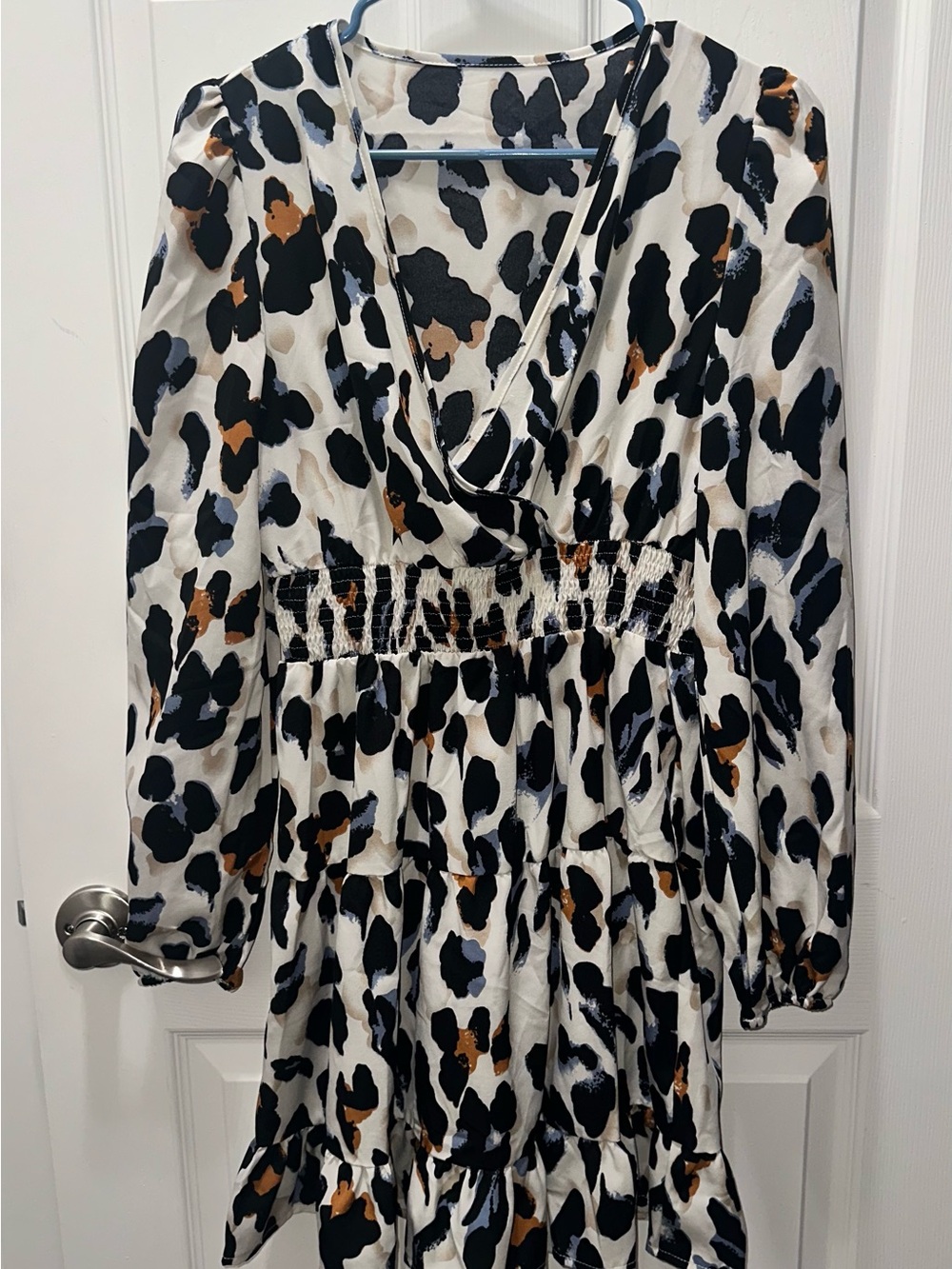V-Neck Animal Print Tiered Dress in Cream, Black & Brown